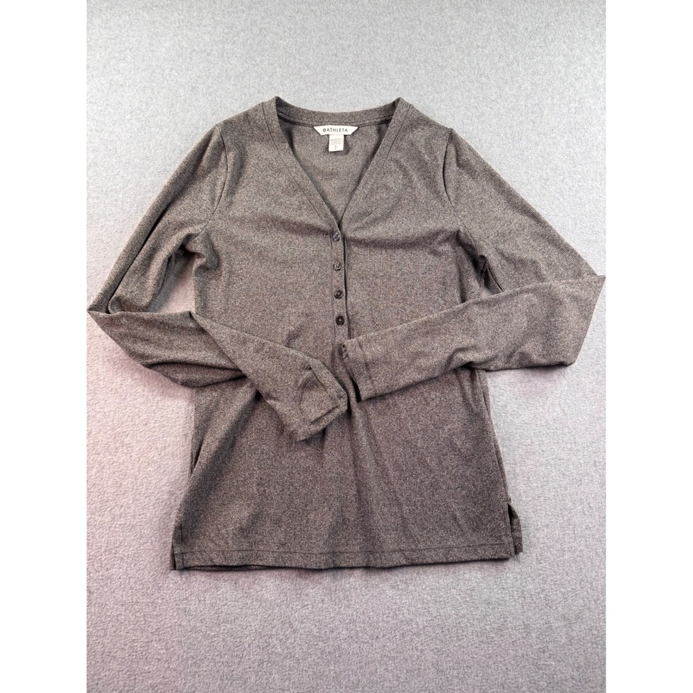 Athleta Womens Gray Ribbed Henley Long Sleeve Top Thumbholes S/981737-01 Size S